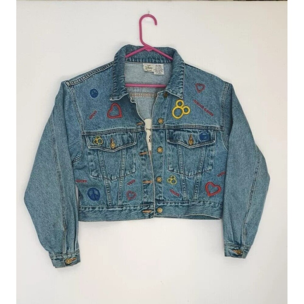 Vintage Disney Store Denim Jean Jacket Cropped Embroidered Mickey Mouse X-Large